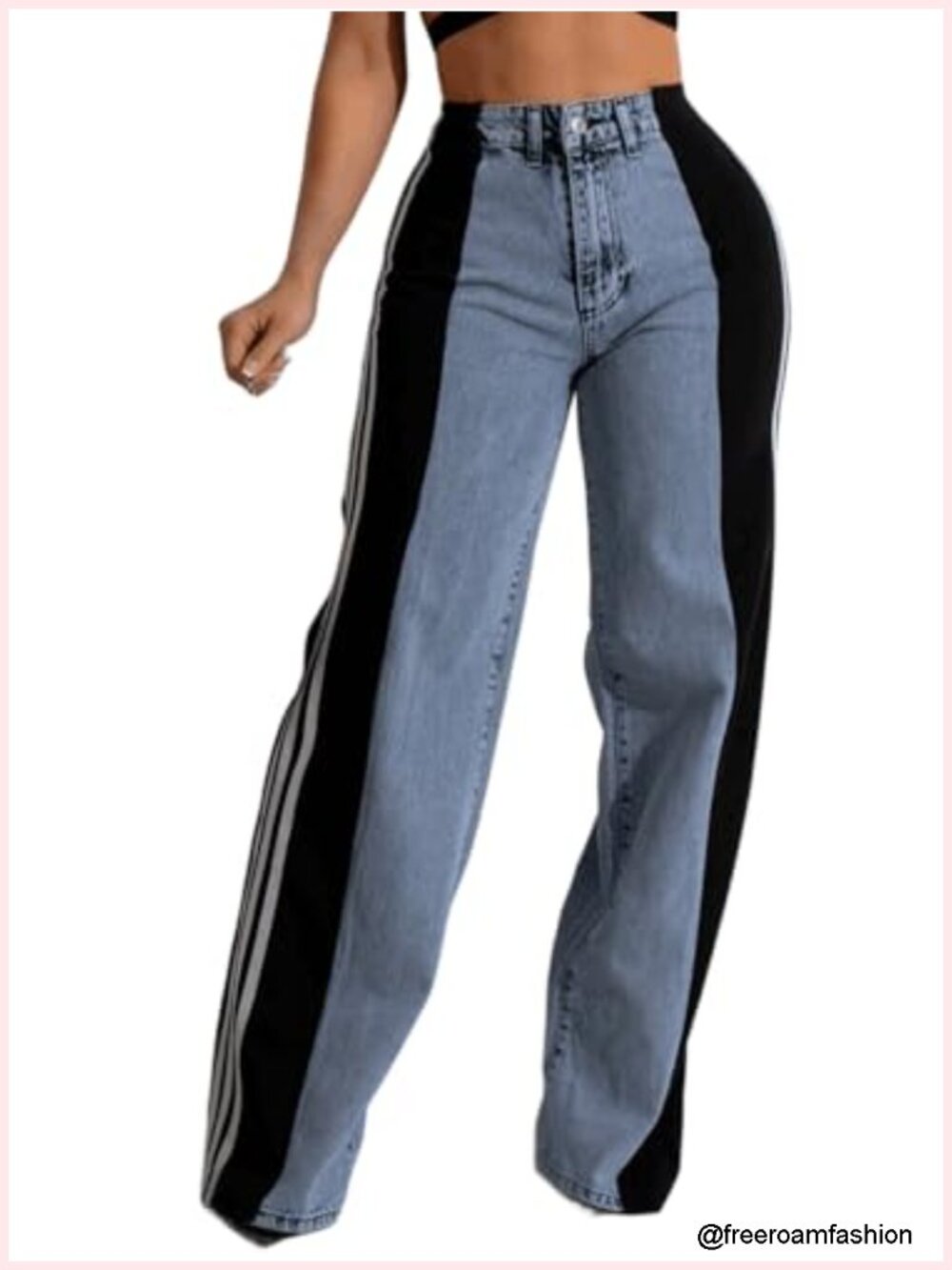 High Waisted Wide Leg Striped Denim Jeans with Patchwork Stretchy Polyester
